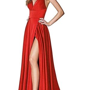 Long slit formal evening gown, satin, red, medium